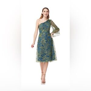 New JS Collections Lulu One Shoulder Embroidered Midi Dress In Aqua Chatruese